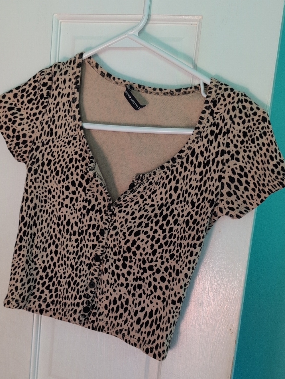 Brandy MeLville Black and Beige Leopard-Print Button Crop Top
